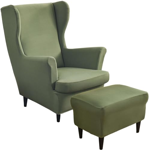 Funda para sillón orejero verde con reposapiés elástica de 2 piezas