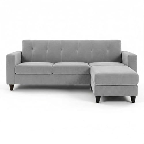 Image of Homeboy 4 Seater L Shape Sofa Set with Movable Ottoman | Flexible Left or Right Layout | Luxe Velvet Suede Fabric | Comfortable Seating | Modern Sofa for Living Room -Light Gray