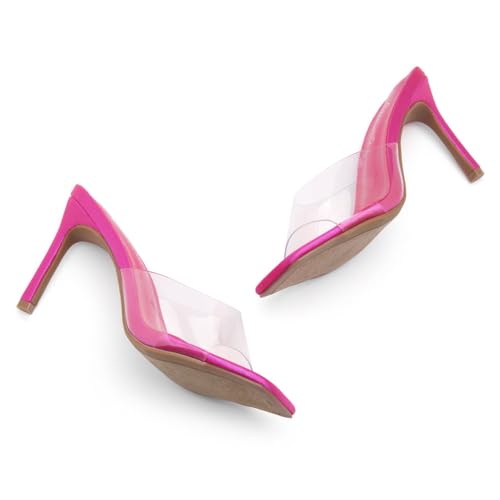 Image of Shoe Land Melrose Women's High Heels Stiletto Heeled Slides, Square Open Toe One Band Slip-On Heeled Mules - Dressy Clear Heeled Sandals for Prom Party Wedding and Vacation
