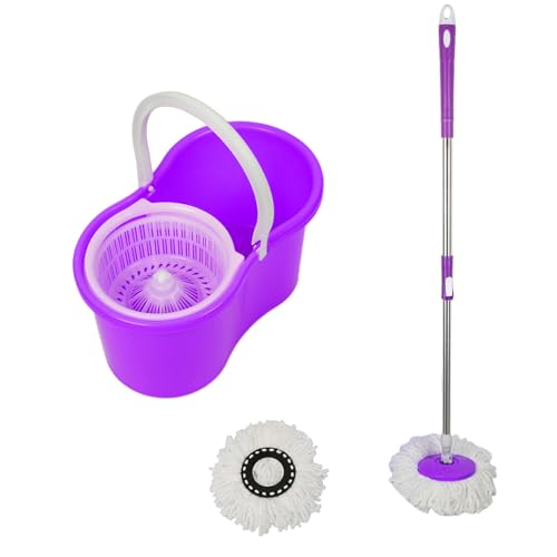 Escoba con cubo de pedal, fregona con cubo escursor, cabeza giratoria 360°, fregonas de microfibra lavables, para todo tipo de suelos (violeta)