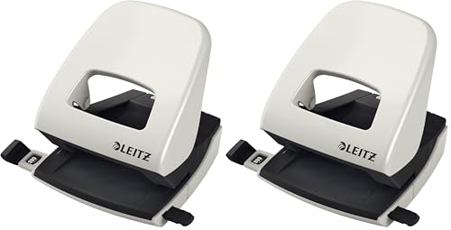 Leitz Büro Locher aus Metall, Für 30 Blatt, Anschlagschiene mit Formatangaben, Ergonomisches Design, grau, 50080085 (Packung mit 2)