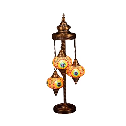 LaModaHome Authentic Moroccan Table Lamp with 3 Globes, Turkish Tiffany Mosaic Desk Lamp for Living Room, Bedroom, Farmhouse, Decorative Unique Home Gift, Stained Glass, Colorful Shades - Orange