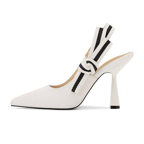 Image of HOCHFART Women's Slingback Kitten Heels Closed Pointed Toe Slip On Pumps | Bowknot, Elastic Slingback Strap, Office, Wedding, Bridal, Formal, Events, Church, Gathering, Casual Outing