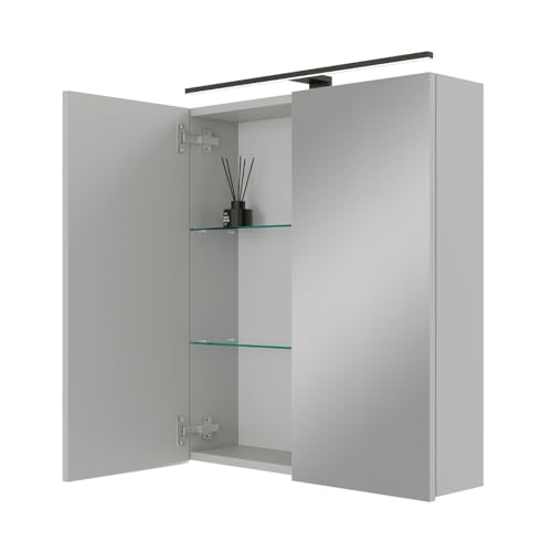 Planetmöbel ARIA Spiegelschrank Bad mit Beleuchtung 60 cm breit | Badschrank hängend mit Spiegel | Weiß Grau, mit Leuchte und Steckdose, Spiegelschrank Gäste WC 60 x 70 x 16 cm