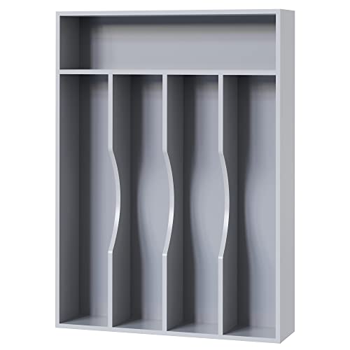 Bellsal Grey Utensil Organizer 10 Inch Silverware Tray for Drawer Utensil Holder Cutlery Organizer Kitchen Drawer Organizer 5 Compartment Small Narrow Bamboo