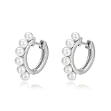 Pendientes de aro de oro blanco para mujer, aretes de aro con elegantes aretes de perlas de 18 quilates, Metal, Perla