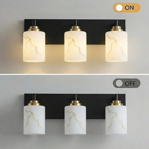 Image of 3-Light Bathroom Light Fixture, Black and Gold Modern Vanity Light with White Marble Glass Shade, for Bathroom Mirror, Living Room, Bedroom, Hallway, E26 Base, Extended Base