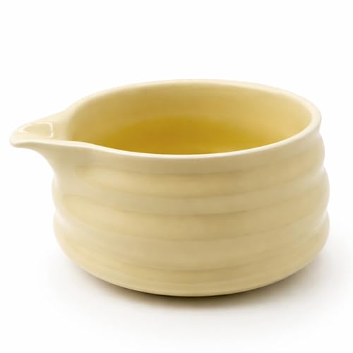 BlendWell Ceramic Matcha Bowl with Spout Light Yellow Chawan Mixing Bowl for Whisking and Pouring Matcha Tea Dishwasher Safe