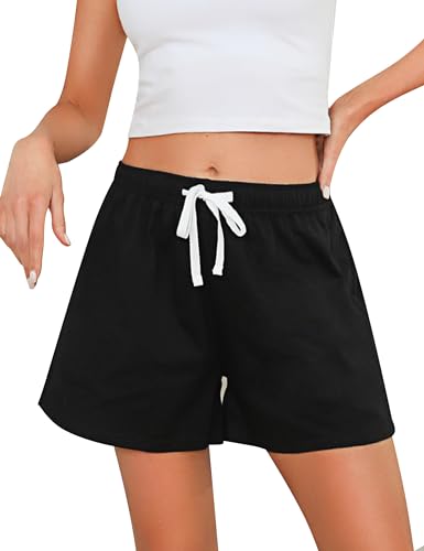 Sykooria Pantalones cortos de algodón para mujer, cintura suave con cordón pijamas de salón parte inferior de chándal para ropa de casa correr yoga gimnasio(Negro,M)