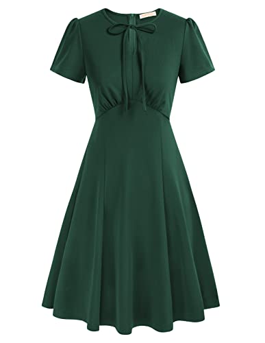 Belle Poque Women's 1950s Vintage A Line Swing Dress Keyhole Tie Church Dress Dark Green