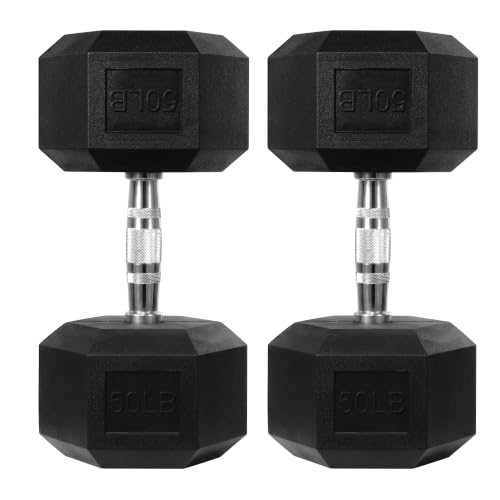 HulkFit 50 LBS Pair Rubber Coated Hex Dumbbells Anti-Roll Hand Weights Set of 2 Non-Slip Ergonomic Handle Low Odor for Home Gym