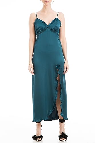 Max Studio Women's Spaghetti Strap Body Con Satin Dress with Ruffled Detailed Bodice and Ruffled Front Slit, Topaz, Medium Blue