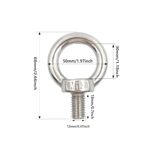 Image of 2PCS M12 Lifting Eye Bolt, Stainless Steel Male Thread Eye Bolts, Heavy Duty Screw Ring Shaped Eye Bolt