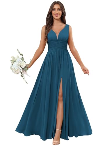 Spaghetti Straps Bridesmaids Dresses for Women V Neck Pleated Corset Formal Evening Gowns with Slit