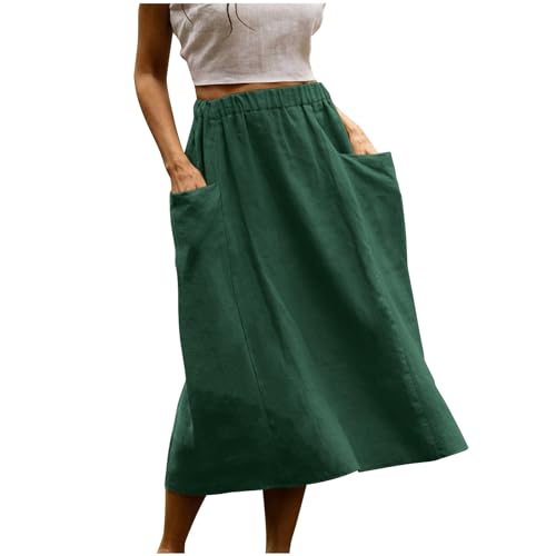 Women's Cotton Linen Casual Midi Skirt High Elastic Waisted Long Skirts Fall Winter Solid Color Skirt with Pockets