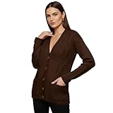 LUXFAB Womens Long Sleeve Button Top Cardigan Chunky Aran Cable Knit Grandad Style Sweater Everyday Casual Warm Knitted Ladies Cardigan UK Sizes 8-26 Chocolate Brown