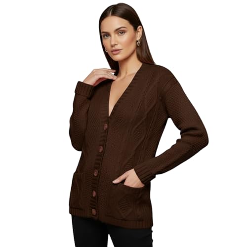 Image of LUXFAB Womens Long Sleeve Button Top Cardigan Chunky Aran Cable Knit Grandad Style Sweater Everyday Casual Warm Knitted Ladies Cardigan UK Sizes 8-26 Chocolate Brown