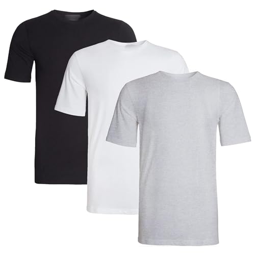 Men's 3 Pack Plain Crew Neck T-Shirts Antibacterial Short Sleeve Multipack Fit Black White Grey Large