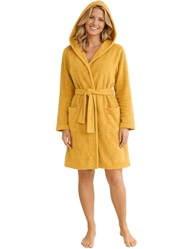Morgenstern Albornoz Mujer de Rizo Ligero y Fino 100% Algodón Corto con Capucha Oeko-Tex Standard Ela L Amarillo