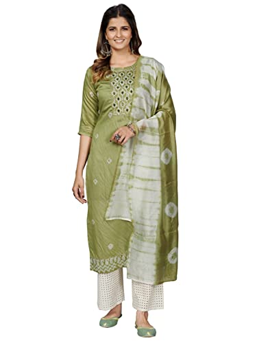Image of Vbuyz Women's Printed & Embroidered Straight Cotton Stitched Kurta With Dupatta