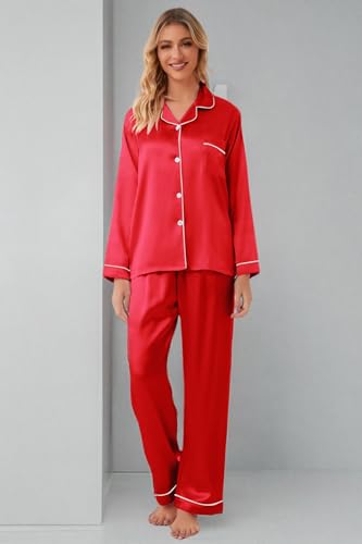 Image of Schbbbta Girls & Women Satin Pajamas Set, 2Piece Silk Nightwear Button-Down Sleepwear for Teen Kids, 3 Years - Women XXL