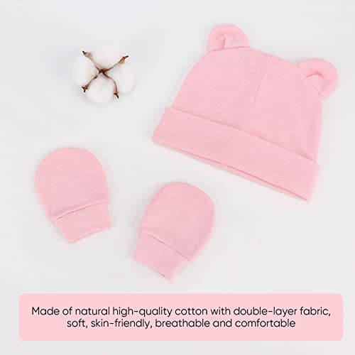 Bqubo Newborn Baby Hats Mittens Set Hospital Hat Beanie Bear Ears Infant Caps Baby Cotton Gloves No Scratch Mittens For 0-6 Months #TOP2