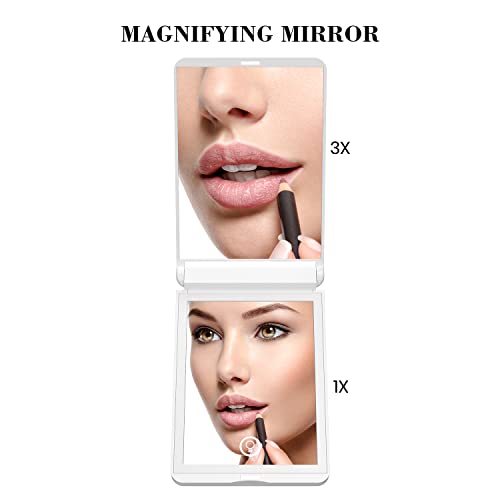 [2023 Latest] Travel Mirror With Light, 1X/3X Magnification Lighted Pocket Mirror, Touch Switch Compact Mirror With Led Light, 2-Sided, Portable, Folding, Handheld, Small Compact Mirror(White) #TOP1