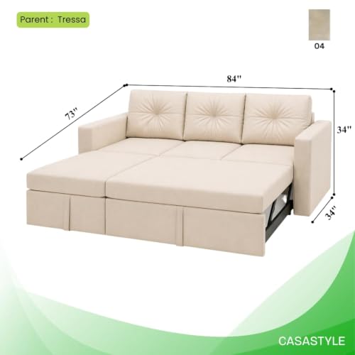 Image of FURNY Tira 4 Seater LHS Lounger Sofa Cum Bed (Cream) with Pull-Out Function | Luxury Velvet Suede Finish | Durable Comfort | Ideal for Living Room