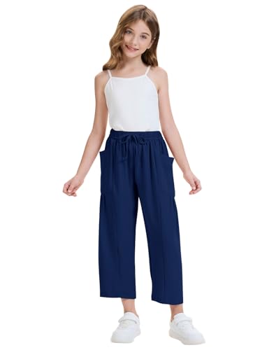 Image of COZYPOIN Girl's Wide Leg Pants Elastic Waist Loose Fit Flowy Casual Beach Palazzo Harem Trousers with Pockets 5-14 Y
