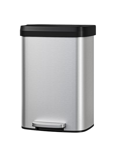 Garvee 13 Gallon / 50 Liter Stainless Steel Trash Can with Lid, Large Garbage Can for Kitchen, Rustproof Step-on Kitchen Metal Trash Bin with Liner Rim, Rear Handle, Soft Close Plastic Lid, Silver