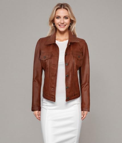 Image of Decrum Trucker Leather Jacket Women - Button Closure Vintage Style Real Lambskin Womens Leather Jacket