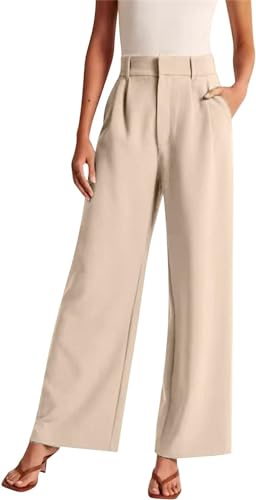 BURLOE The Effortless Tailored Wide Leg Pants Women's Casual Wide Leg High Waisted Business Work Trousers Long Straight Suit Pants (Beige,Small)