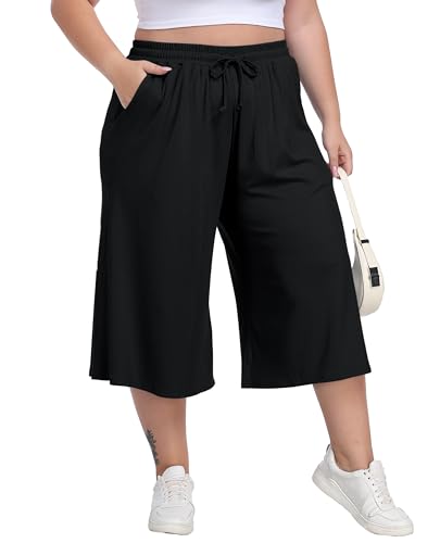 Women's Plus Size Wide Leg Capris Summer Palazzo Lounge Cropped Pants Casual Flowy Capri Pants with Pockets2
