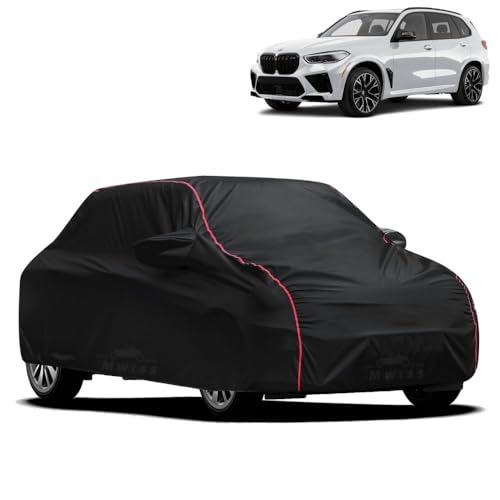 Image of Waterproof Car Cover for BMW X5 | All-Weather Protection, Dustproof & UV Resistant | Triple Stitched Mirror Pockets, Windproof Buckle Strap with Elastic Hem, Black-Red Piping