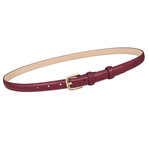 JASGOOD Women Skinny Faux Leather Belt Thin Waist Belt for Women Jeans Dress Fashion Ladies Belt with Gold Buckle Burgundy