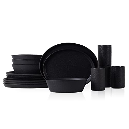 Stone By Mercer Project Katachi Stoneware 16-Piece Dinnerware Set, Charcoal #TOP6