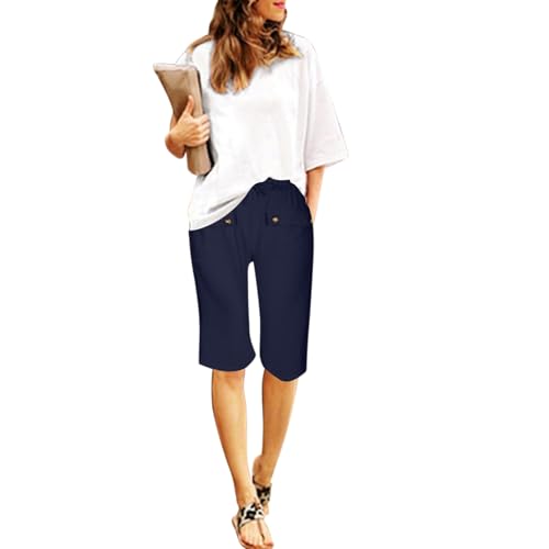 Conjunto de pantalones cortos casuales de manga corta para mujer, para primavera y verano, con bolsillo frontal, cordón y botón, para correr, azul marino, M