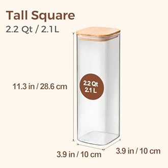 ComSaf Glass Spaghetti Pasta Storage Containers with Lids 2.2 Qt Set of 3, Tall Clear Airtight Food Storage Jar with Lid for Noodles Flour Oat Cereal Sugar Beans, Sqaure Spaghetti Pantry Containers