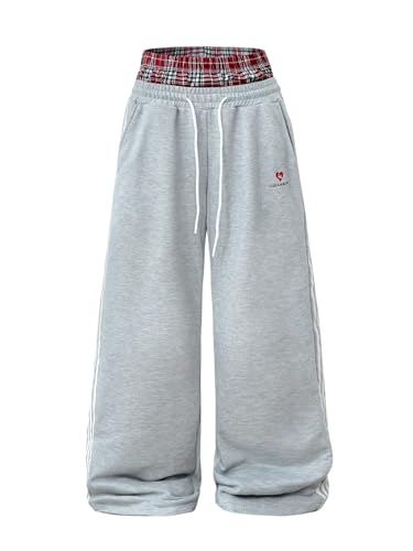 RoseSeek Mens Baggy Double Waist Sweatpants Camo Plaid Drawstring Wide Leg Side Stripes Pants with Pockets Light Grey S