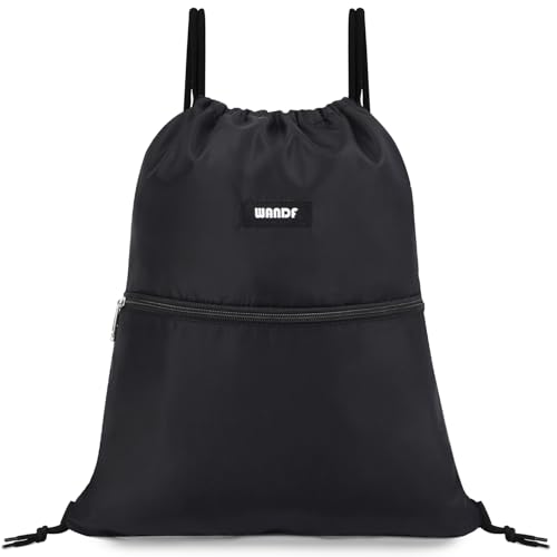 WANDF Drawstring Backpack String Bag Sackpack Cinch Water Resistant Nylon for Gym Shopping Sport Yoga (Black)