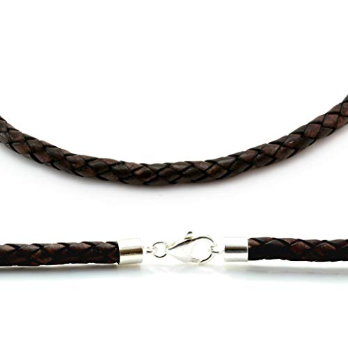 Image of CMJ London Men's Chunky Braided Leather Necklace with Sterling Silver Clasp-Antique Dark Brown 20"