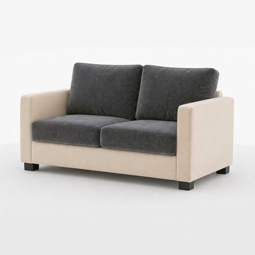 Image of FURNY Haster 3 Seater + 2 Seater Fabric Sofa Set with 1 Ottoman (Dark Grey-Cream) with Velvet Finish | Durable Comfort | Ideal for Living Room
