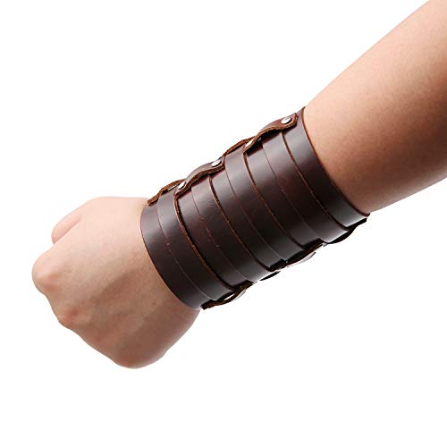 Hzman Mens Leather Wide Triple Strap Cuff Wrap Gauntlet Wristband Buckle Fastening Arm Armor Cuff 4 Rows (Brown) #TOP1