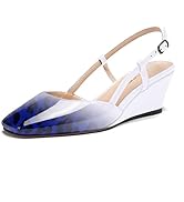 WAYDERNS Women's Patent Leather Square Toe Slingback Solid Buckle Strap Wedge Low Heel Pumps Shoe...