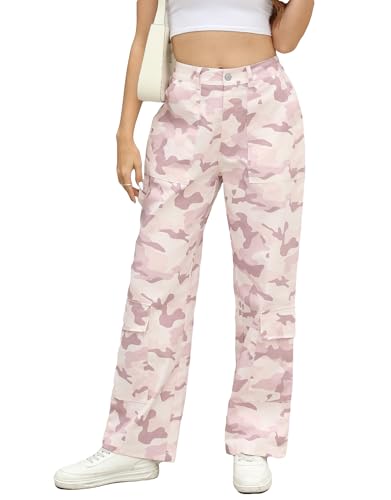 Kedera Women Camo Print Flap Pocket Wide Leg Pants Mid Waist Trousers Casual Boyfriend Cargo Parachute Baggy Pants