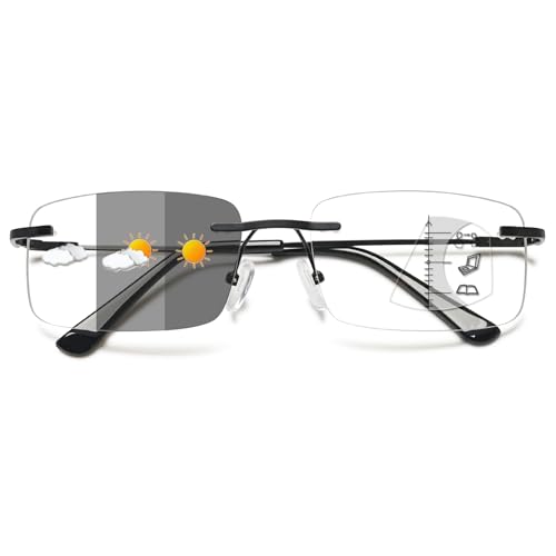 Lanomi Lesebrille Rahmenlose Photochrome Gleitsichtbrille Damen Herren Blaulichtfilter Randlos Intelligenter Selbsttönende Sonnen Lesehilfe Ultraleicht Titan Multifokal Brille Schwarz(Photochrome) 3.5
