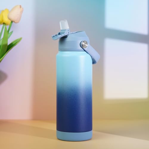 Image of BJPKPK Water Bottle with Straw Lid, 24oz Vacuum Insulated Water Bottles, Metal Stainless Steel Thermo for Sports, Travel, BPA Free Leak Proof Thermo, Cups, Flasks, Tumblers,Sky