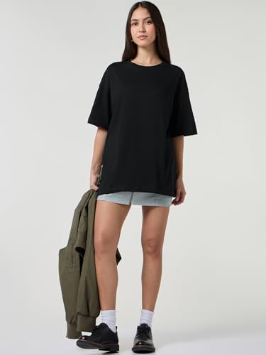 Image of Bewakoof Women's Solid Oversized Fit Half Sleeve Round Neck Cotton Jersey T-Shirt