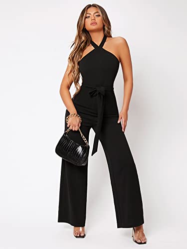 Wdirara Women's Sleeveless Halter Tied Backless High Waist Belted Wide Leg Pants Elegant Jumpsuit Rompers Black L #TOP3