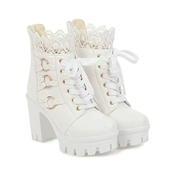 Damesplatform Ankle Boots Lace Up Block Heel Combat Boots Round Toe herfst winter lolita cosplay laarsjes,Wit,34 EU